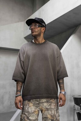 Oversized Minimal Knit T-Shirt Beige 1004 - Thumbnail (2)