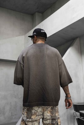 Oversized Minimal Knit T-Shirt Beige 1004 - Thumbnail (3)