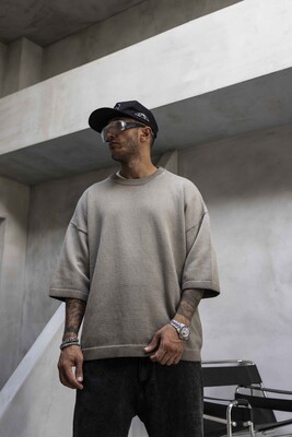 Oversized Minimal Knit T-Shirt Gray 1004 - Thumbnail (2)