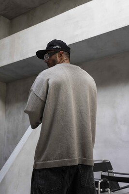 Oversized Minimal Knit T-Shirt Gray 1004 - Thumbnail (3)