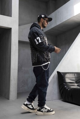 Oversized Snake Print Black Hoodie 1946 - Thumbnail (2)