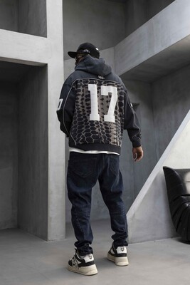 Oversized Snake Print Black Hoodie 1946 - Thumbnail (3)
