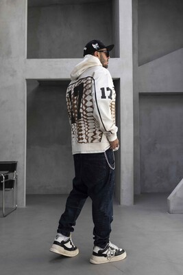 Oversized Snake Print White Hoodie 1946 - Thumbnail (2)