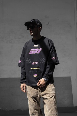 Racing Team Printed Double Layers Black Sweatshirt 1917 - Thumbnail (2)