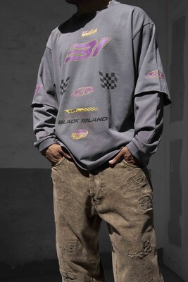 Racing Team Printed Double Layers Gray Sweatshirt 1917 - Thumbnail (2)