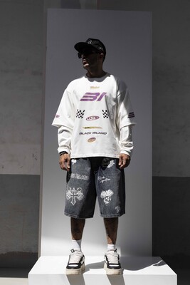 Black Island - Racing Team Printed Double Layers White Sweatshirt 1917