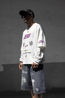 Racing Team Printed Double Layers White Sweatshirt 1917 - Thumbnail (2)