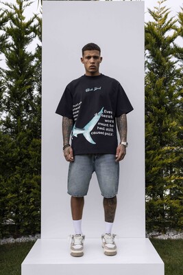 Black Island - SHARK PRINTED WASHED T-SHIRT BLACK 1848