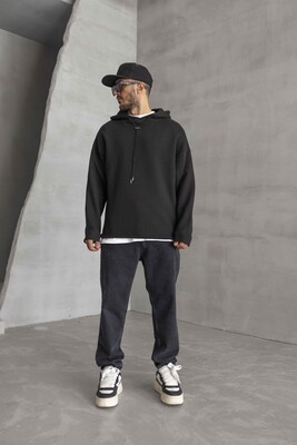 Black Island - Short Asymmetric Zip Hoodie Black 1484