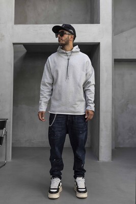 Black Island - Short Asymmetric Zip Hoodie Gray 1484