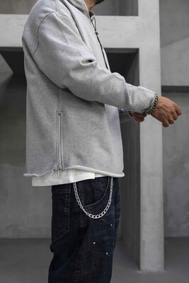 Short Asymmetric Zip Hoodie Gray 1484 - Thumbnail (2)