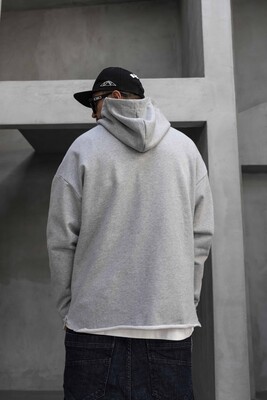 Short Asymmetric Zip Hoodie Gray 1484 - Thumbnail (3)