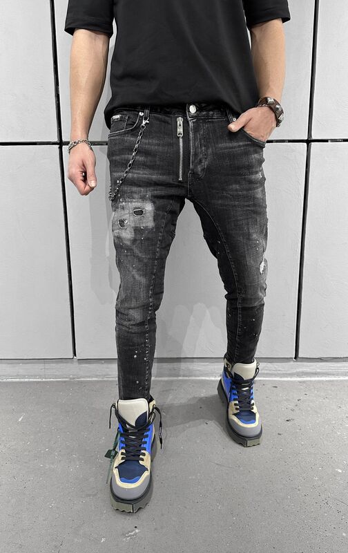 Destroyed & Zipper Detailed Black Jeans 15764 (3)