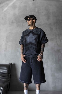 Star Applique Black T-shirt 1877 - Thumbnail (2)