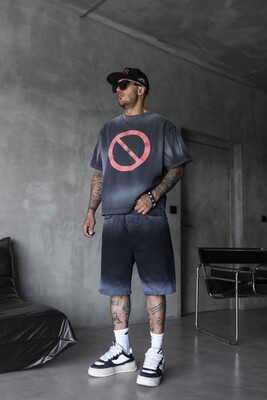 Stop Printed Black T-shirt 1871 - Thumbnail (2)
