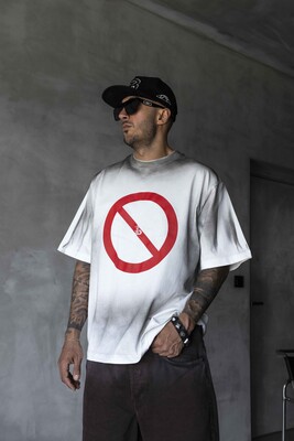 Stop Printed White T-shirt 1871 - Thumbnail (2)