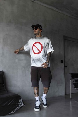 Stop Printed White T-shirt 1871 - Thumbnail (3)