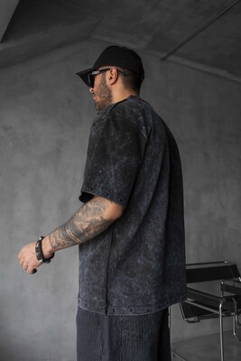 Studded Edge T-Shirt - Washed Black 1838 - Thumbnail (4)
