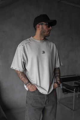 Studded Edge T-Shirt - Washed White 1838 - Thumbnail (2)