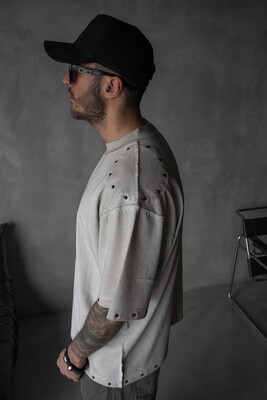 Studded Edge T-Shirt - Washed White 1838 - Thumbnail (3)