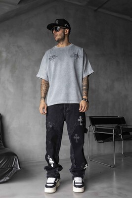 Black Island - Studded & Printed Washed Grey Oversized T-Shirt 1856