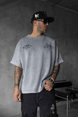 Black Island - Studded & Printed Washed Grey Oversized T-Shirt 1856 (1)