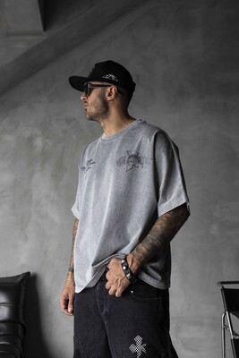 Studded & Printed Washed Grey Oversized T-Shirt 1856 - Thumbnail (2)