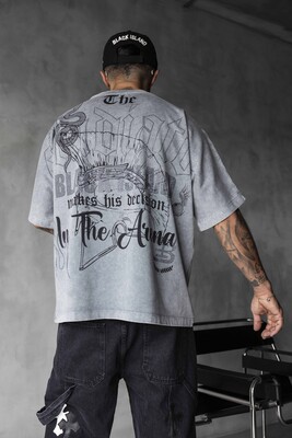 Studded & Printed Washed Grey Oversized T-Shirt 1856 - Thumbnail (3)