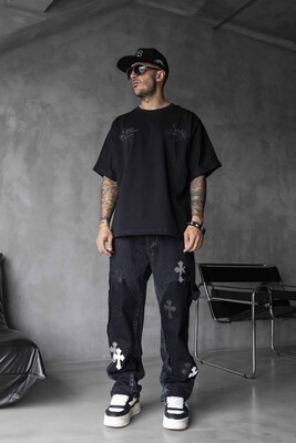 Black Island - Studded & Printed Washed Grey Oversized T-Shirt 1856_Kopya(1)