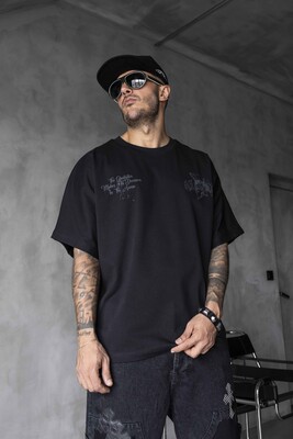 Black Island - Studded & Printed Washed Grey Oversized T-Shirt 1856_Kopya(1) (1)
