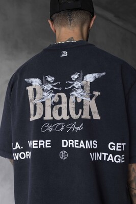 Vintage Angel Print Oversized Black T-Shirt 1862 - Thumbnail (3)