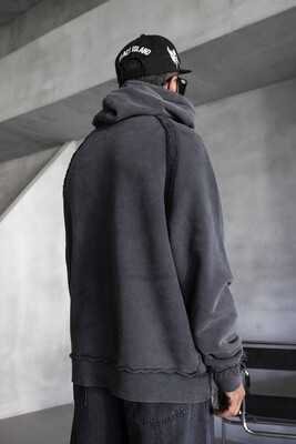 Washed Hooded Sweatshirt Black 1920 - Thumbnail (3)