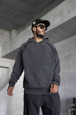 Washed Hooded Sweatshirt Black 1920 - Thumbnail (2)