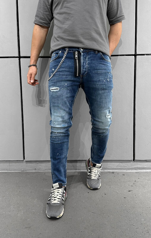 Ripped Zip Detailed Blue Jeans 16131 (1)